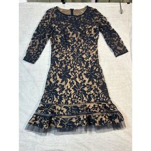 Tadashi Shoji Navy Lace Sheath Dress Beige Lining Knee Length Midi Size 10